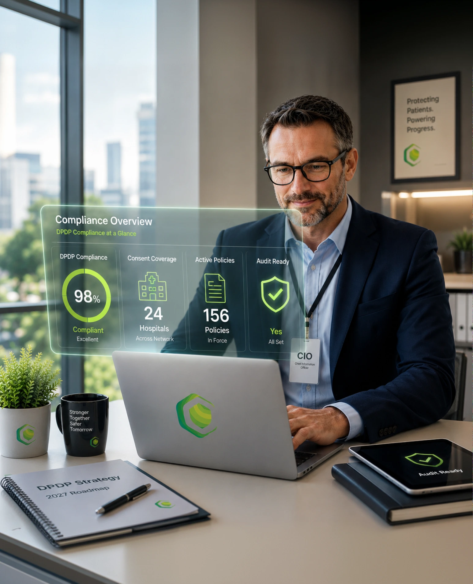 A hospital CIO reviewing a Certinal compliance overview: 98% DPDP compliant, consent coverage across 24 hospitals, 156 active policies, and audit-ready status.