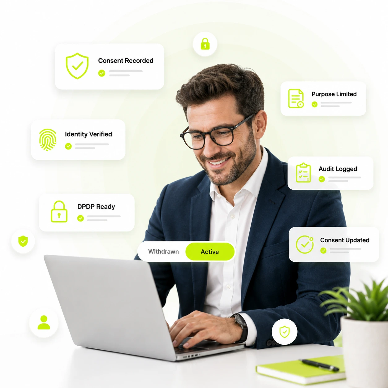 A compliance lead working at a laptop, surrounded by consent status cards: consent recorded, identity verified, DPDP ready, purpose limited, audit logged, and consent updated.