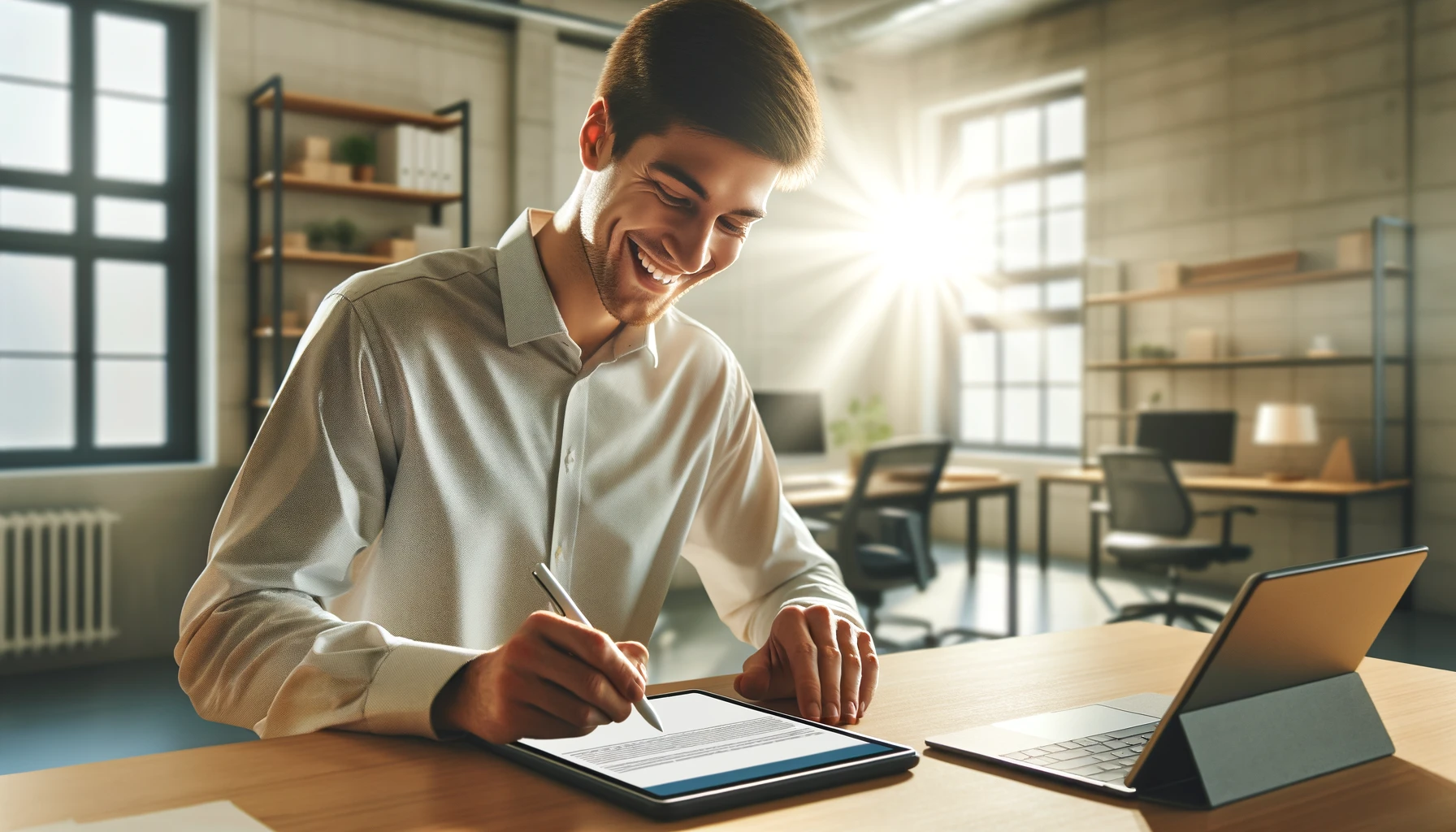A man sitting in his office, happily using Certinal eSignatures to sign his documents, demonstrating how electronic signatures work