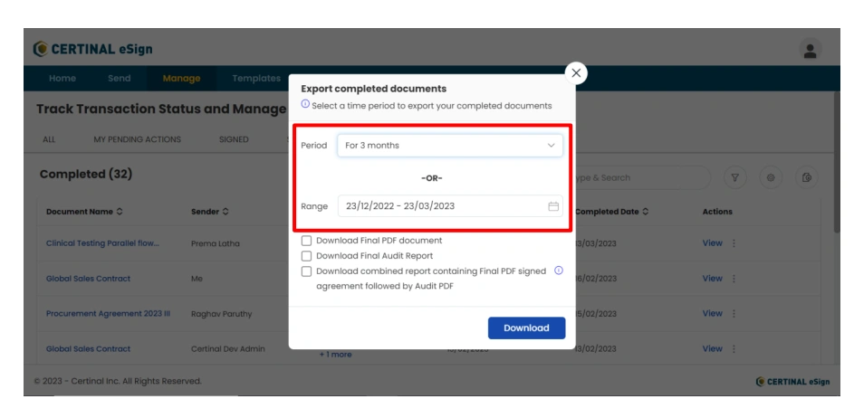 Bulk Export feature of Certinal eSign helping in workflow management