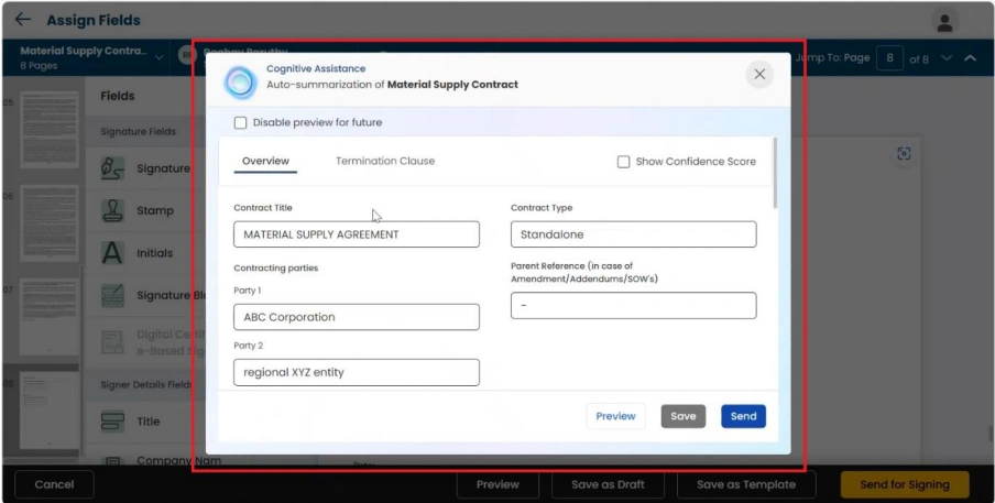 “Cognitive Assistance” window with auto-summarization of contract