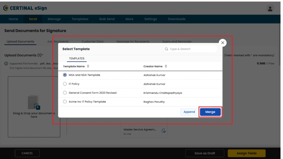 Merging the desired template integration with Certinal