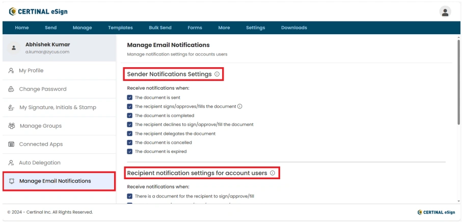 Optimize Your Workflow with Certinal eSign's Customizable Manage Email Notifications feature