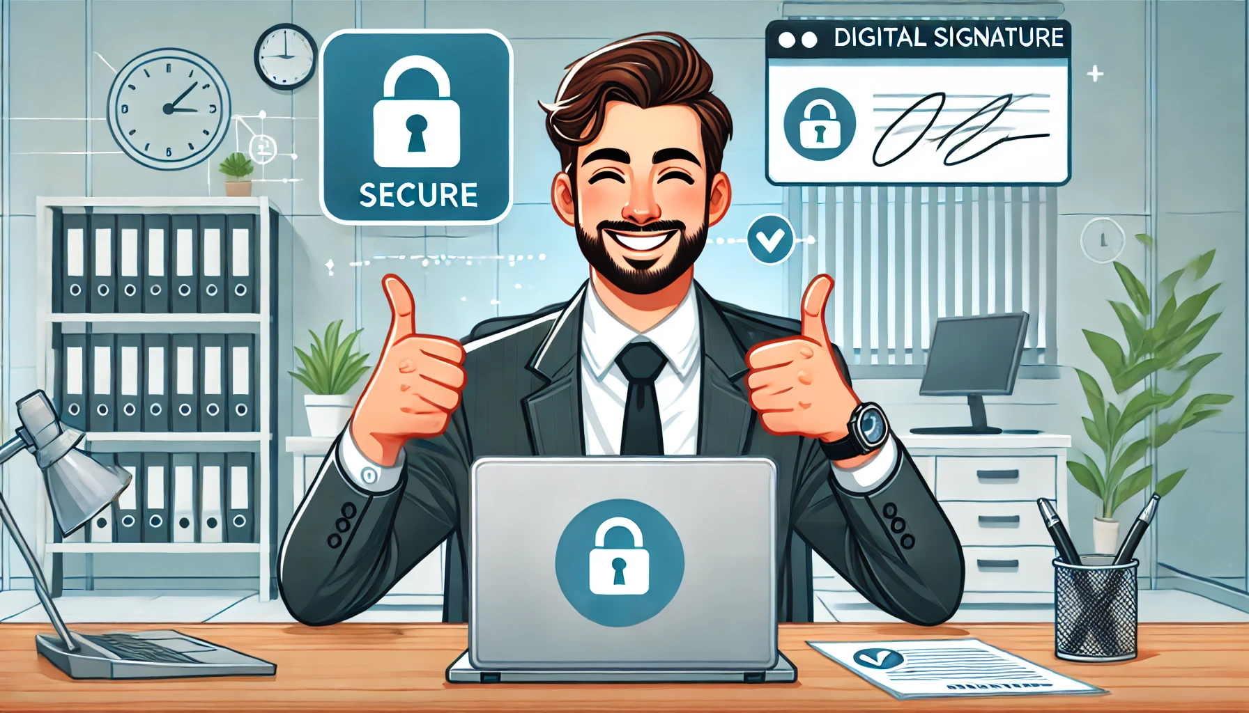 Happy man choosing right digital signature solution, Certinal eSign
