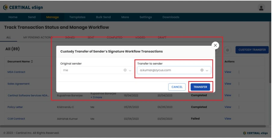 Transfer ownership with Certinal's feature to enhance workflow management