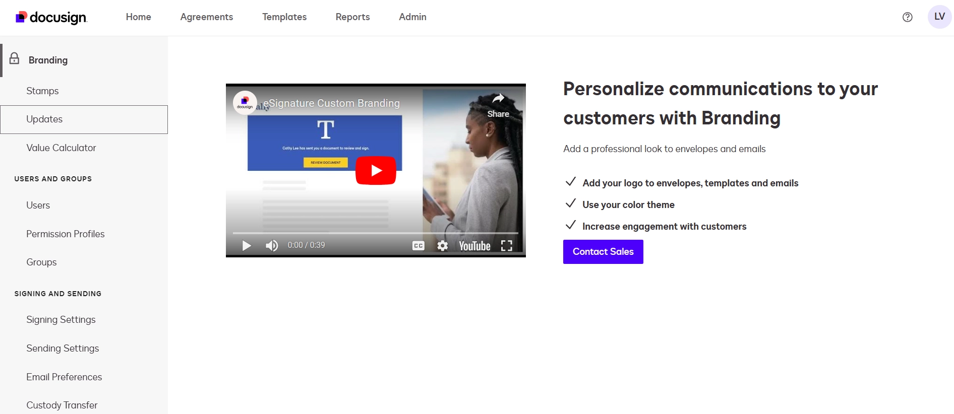 lack of custom branding in docusign free trial account